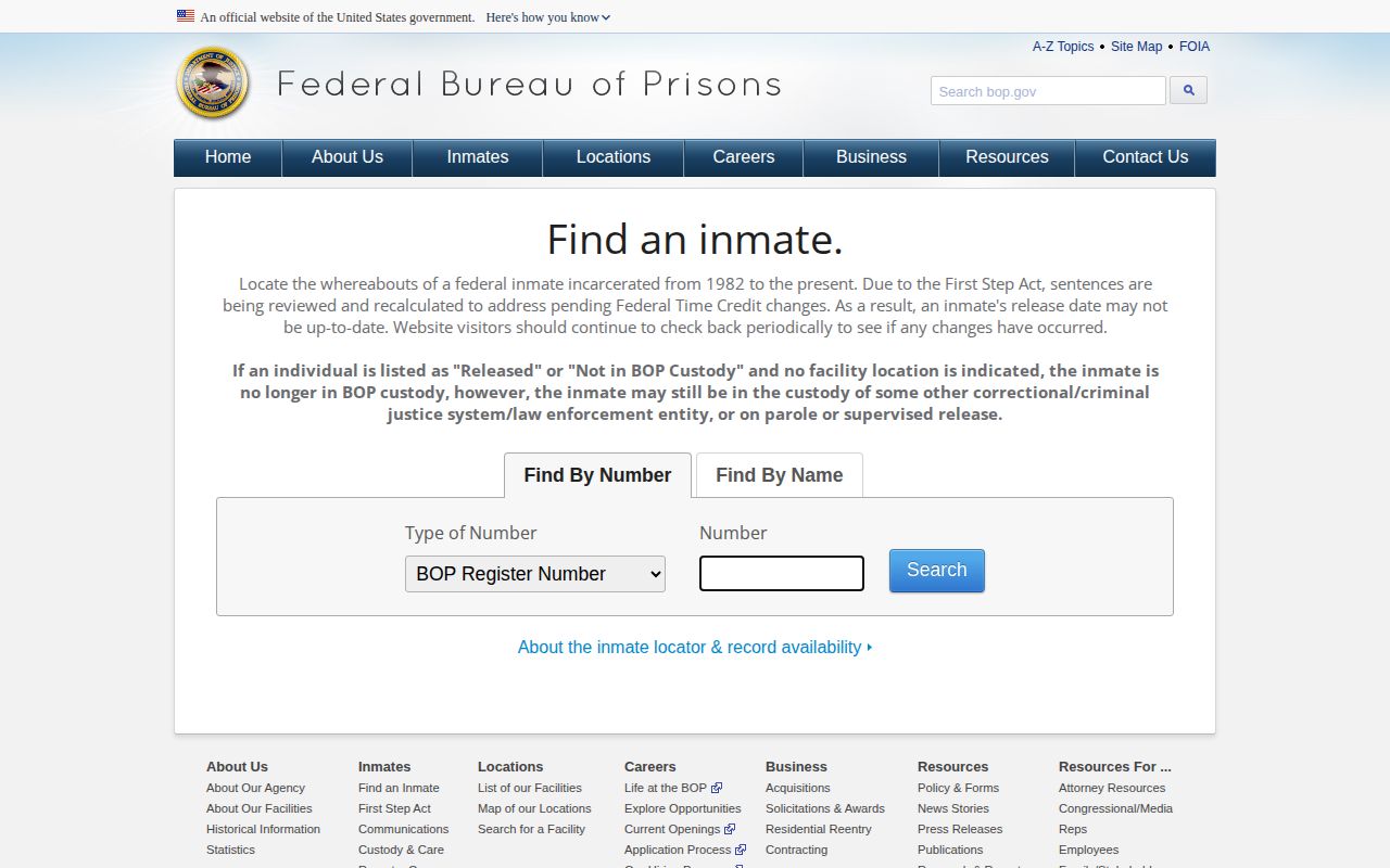 Nevada federal Bureau of Prisons locator form for federal custody records