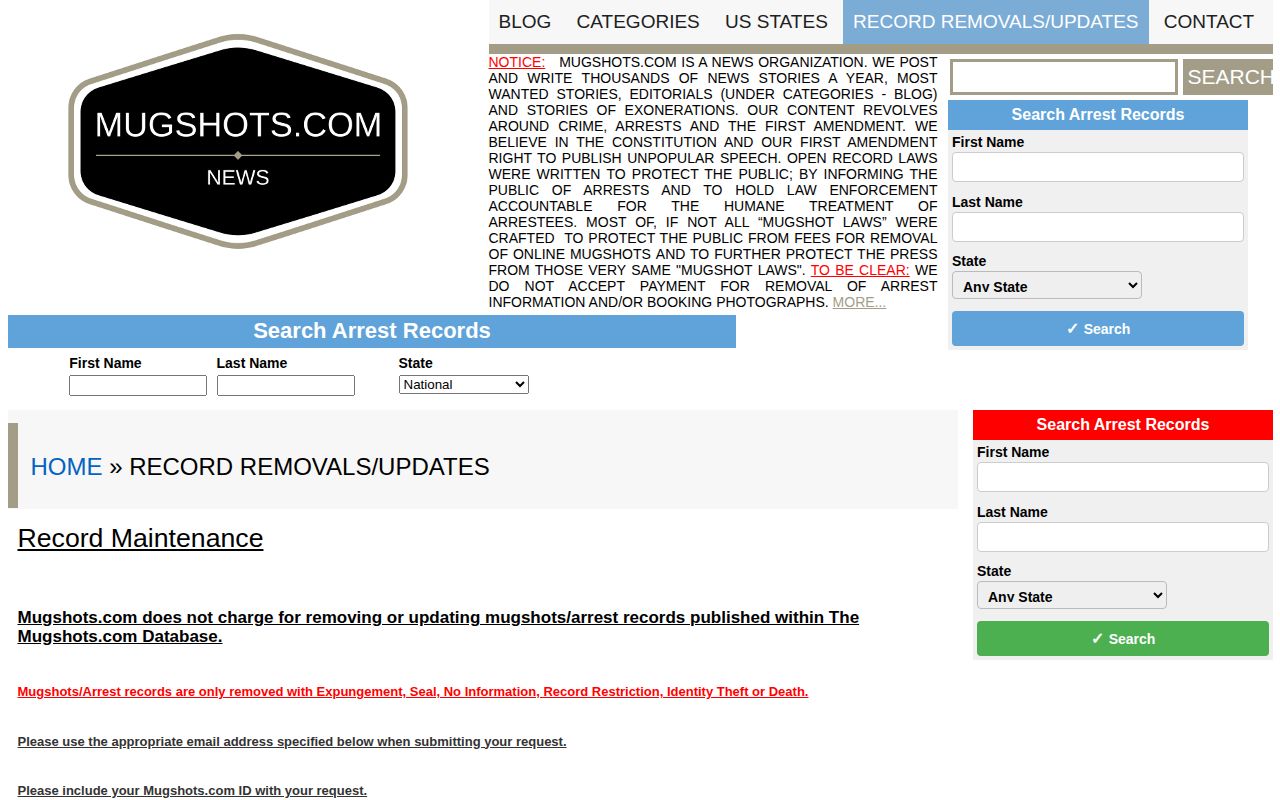 Mugshots.com documentation-based record maintenance policy for copied Nevada entries