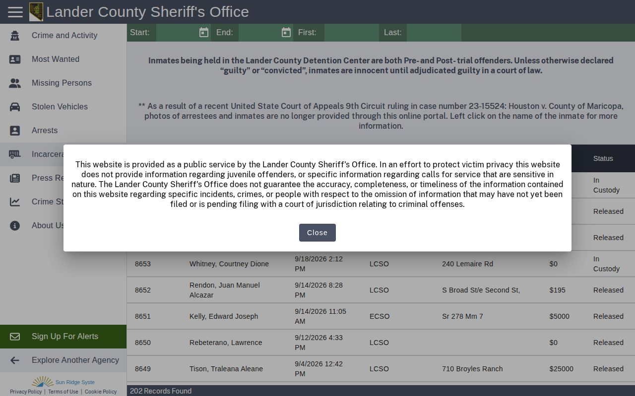 Nevada Lander County incarcerated-person roster for custody records without public photos