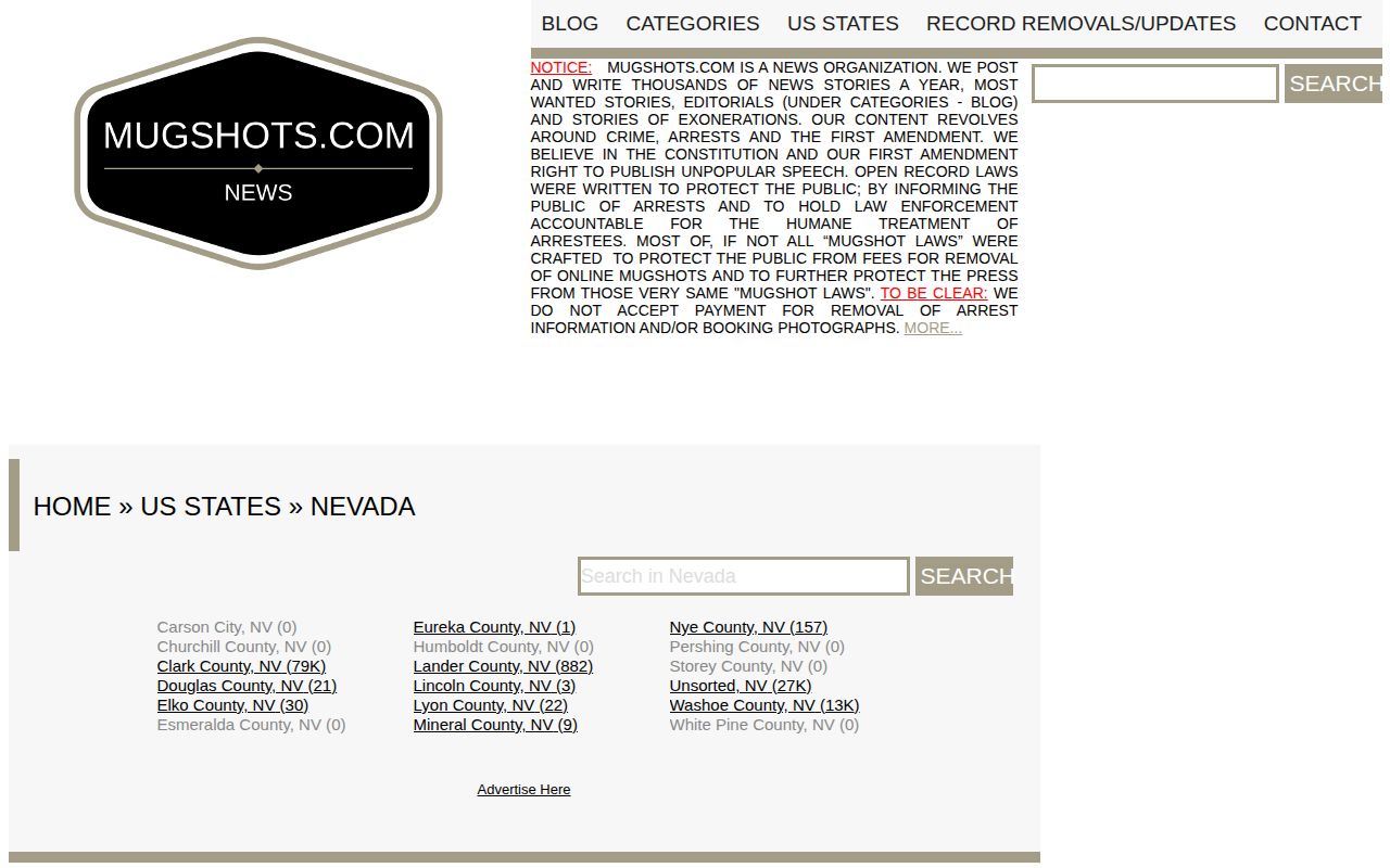 Nevada Mugshots.com category navigation for archival arrest pages