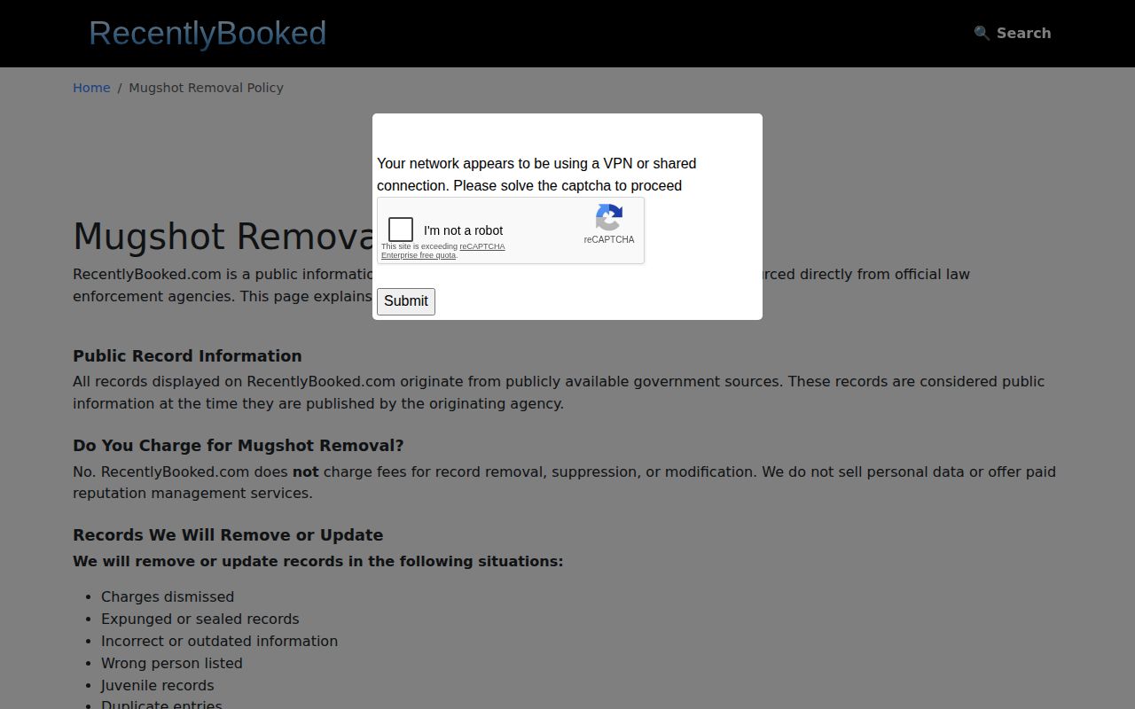 RecentlyBooked no-fee criteria for correction or removal of Nevada mugshot entries