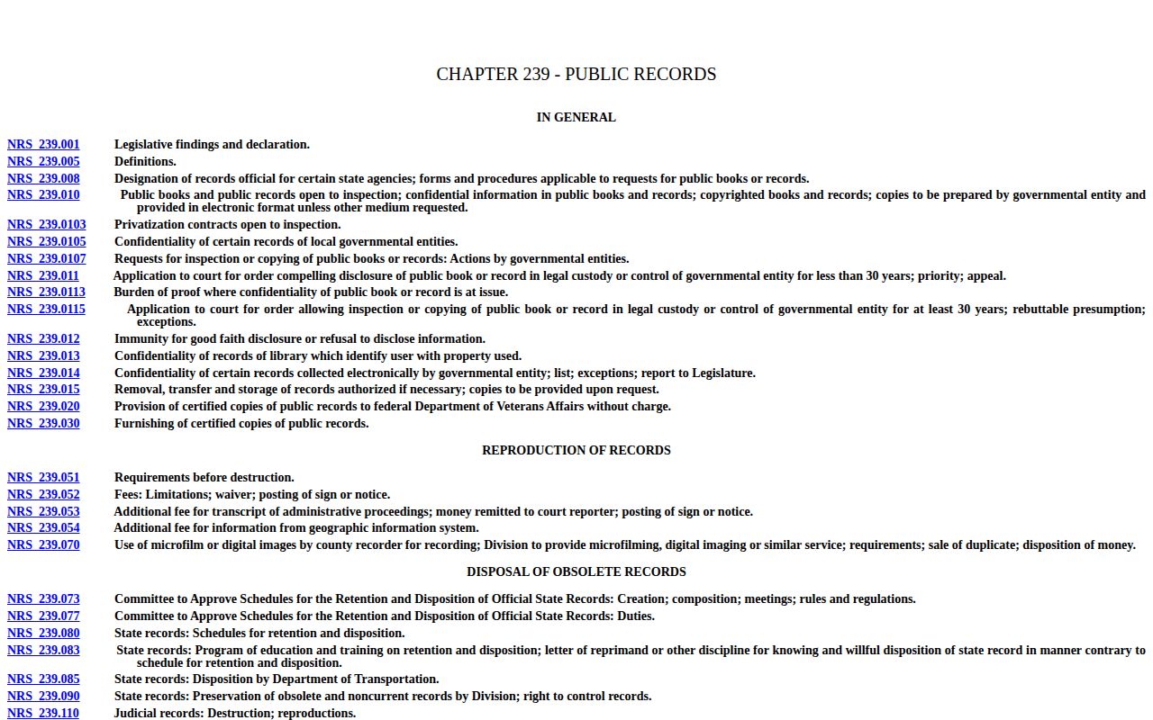 Nevada NRS Chapter 239 public-record law page for booking-photo requests