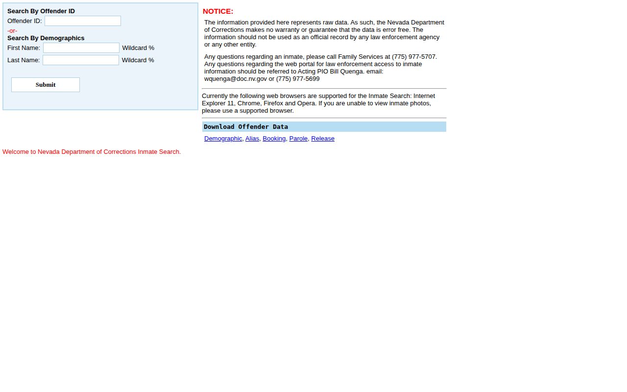 Nevada NDOC offender search fields for state-prison records and photos